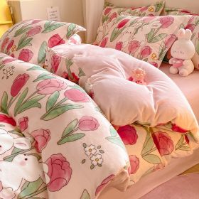 Winter Thickening Milk Fiber Bed Four-piece Coral Velvet Quilt Cover Flange Double-sided Bed Sheet Three-piece Bedding (Option: Jardin Monet-90)