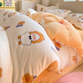 Winter Thickening Milk Fiber Bed Four-piece Coral Velvet Quilt Cover Flange Double-sided Bed Sheet Three-piece Bedding (Option: Cute Duck-90)