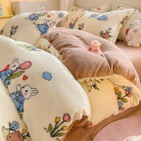 Winter Thickening Milk Fiber Bed Four-piece Coral Velvet Quilt Cover Flange Double-sided Bed Sheet Three-piece Bedding (Option: Flowers Rabbit-90)