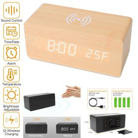 Digital Alarm Clock Qi-Wireless Charger (Color: Bamboo)