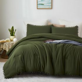 Boho Comforter Set, Boho Bedding set with Pom Poms Fringe Design, 1 Aesthetic Comforter and 2 Pillowshams (Color: Olive Green)