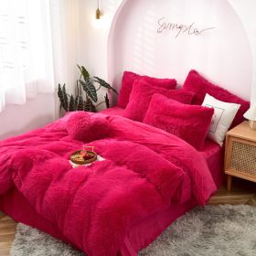 Mink Fur Four-piece Plush Rhinestone Velvet Duvet Cover (Option: Rose Red-220x240cm)