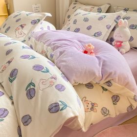 Winter Thickening Milk Fiber Bed Four-piece Coral Velvet Quilt Cover Flange Double-sided Bed Sheet Three-piece Bedding (Option: Purple Bunny-120)