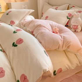 Winter Thickening Milk Fiber Bed Four-piece Coral Velvet Quilt Cover Flange Double-sided Bed Sheet Three-piece Bedding (Option: Pink Tulip-120)