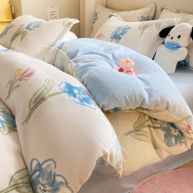 Winter Thickening Milk Fiber Bed Four-piece Coral Velvet Quilt Cover Flange Double-sided Bed Sheet Three-piece Bedding (Option: Blue Flower Sea-180)