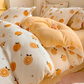 Winter Thickening Milk Fiber Bed Four-piece Coral Velvet Quilt Cover Flange Double-sided Bed Sheet Three-piece Bedding (Option: Small Orange-150)