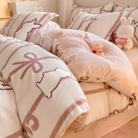 Winter Thickening Milk Fiber Bed Four-piece Coral Velvet Quilt Cover Flange Double-sided Bed Sheet Three-piece Bedding (Option: Striped Bunny-180)